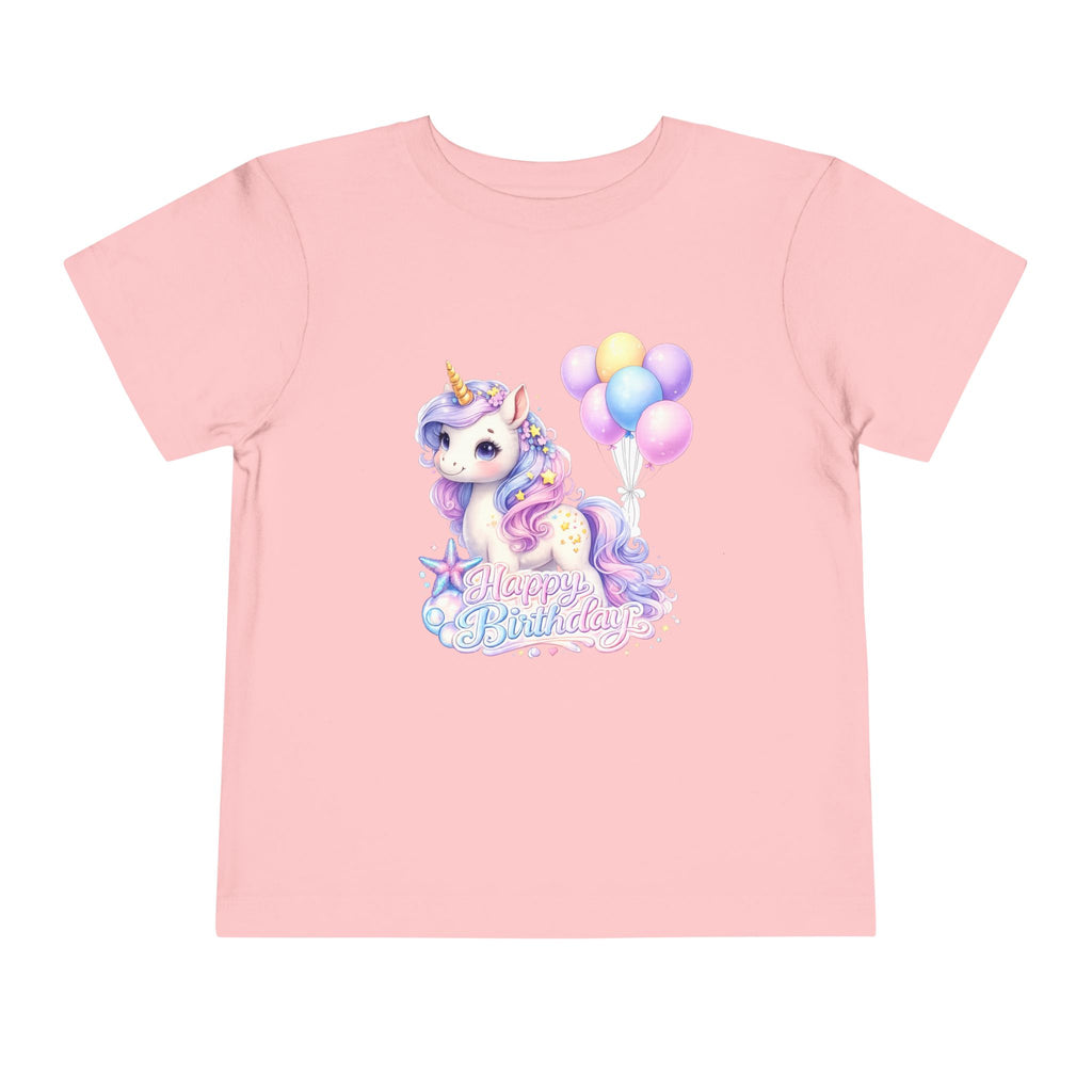 Toddler Tee — Pastel Unicorn "Happy Birthday" Shirt with Balloons