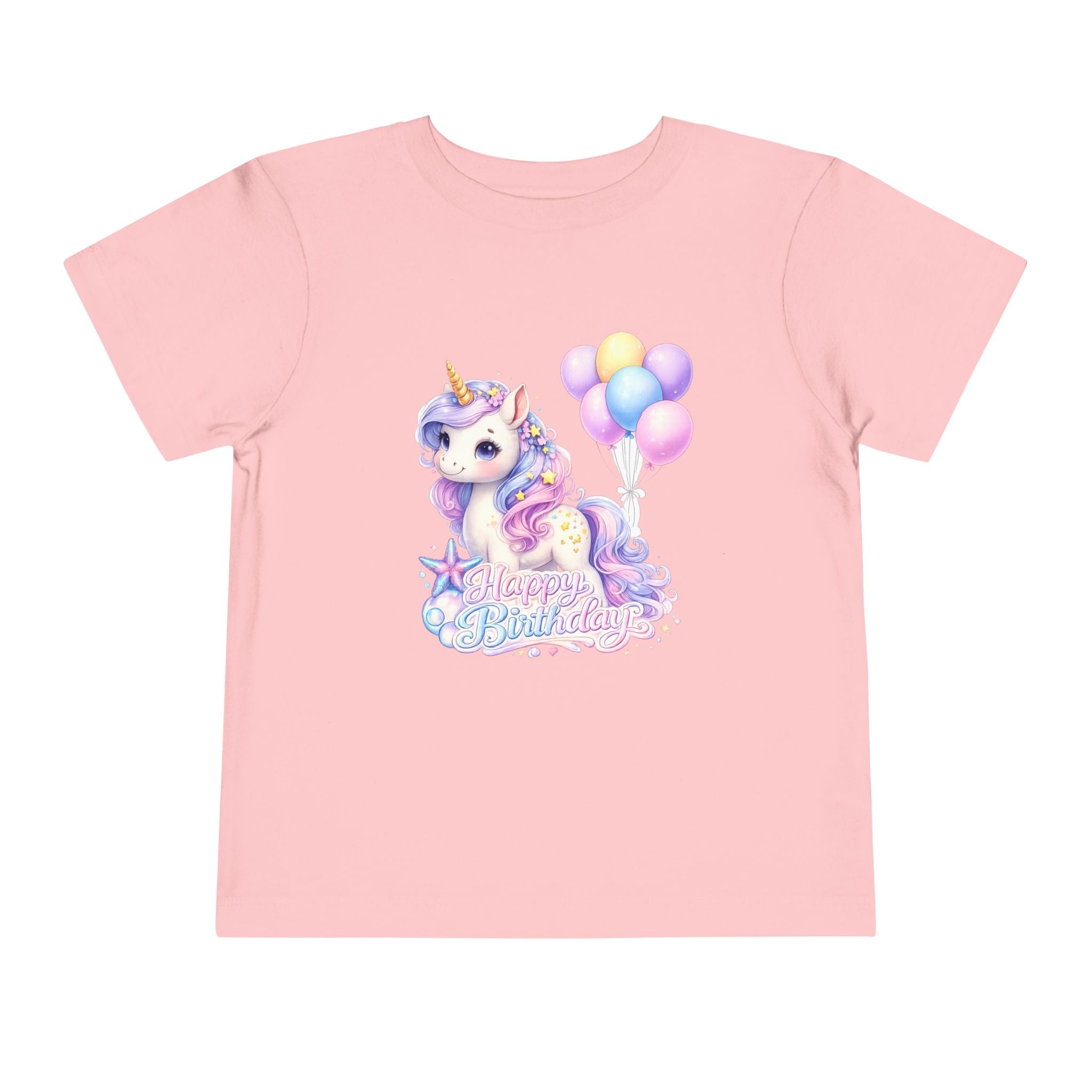 Toddler Tee — Pastel Unicorn "Happy Birthday" Shirt with Balloons