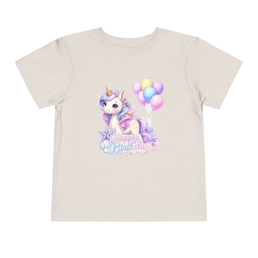 Toddler Tee — Pastel Unicorn "Happy Birthday" Shirt with Balloons