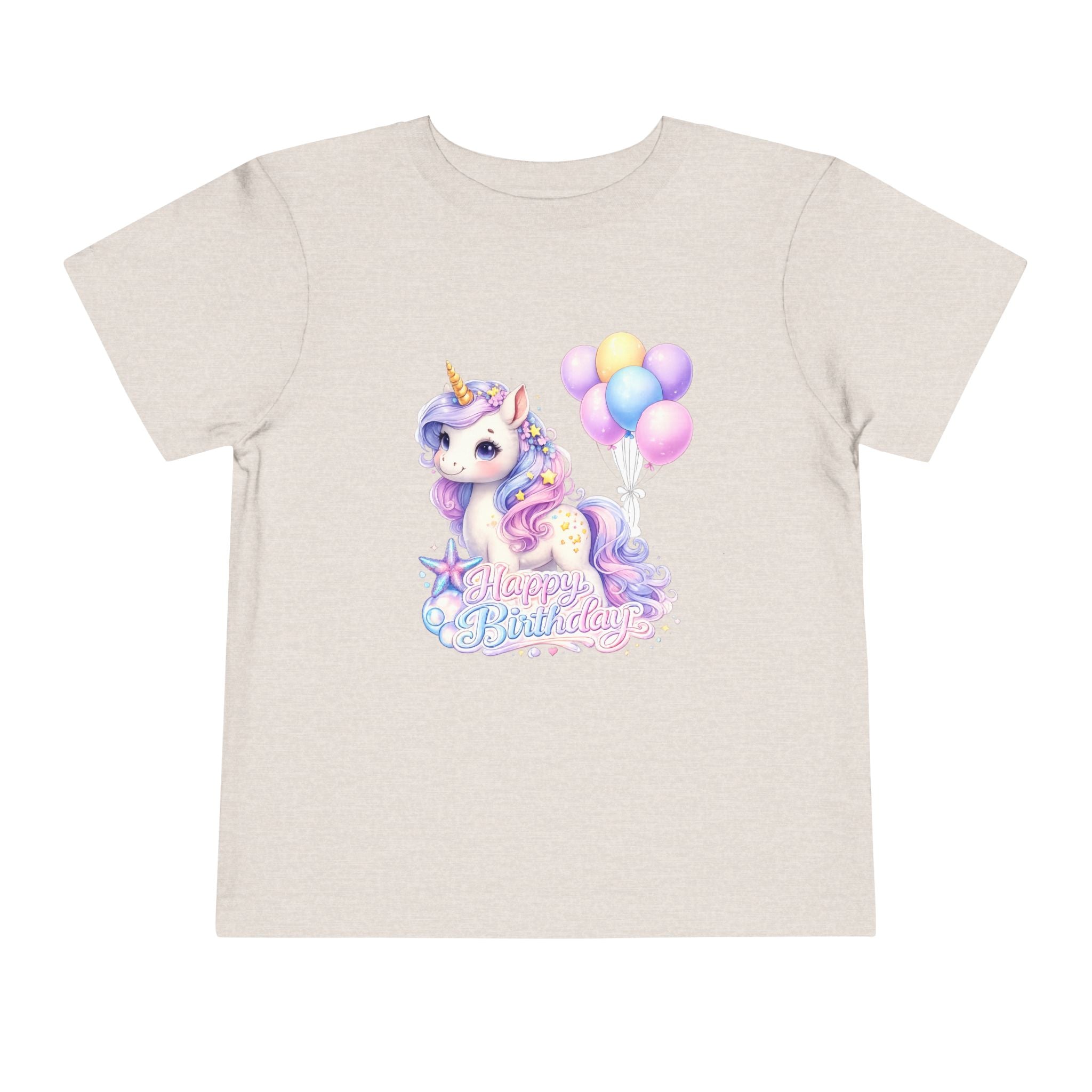 Toddler Tee — Pastel Unicorn "Happy Birthday" Shirt with Balloons