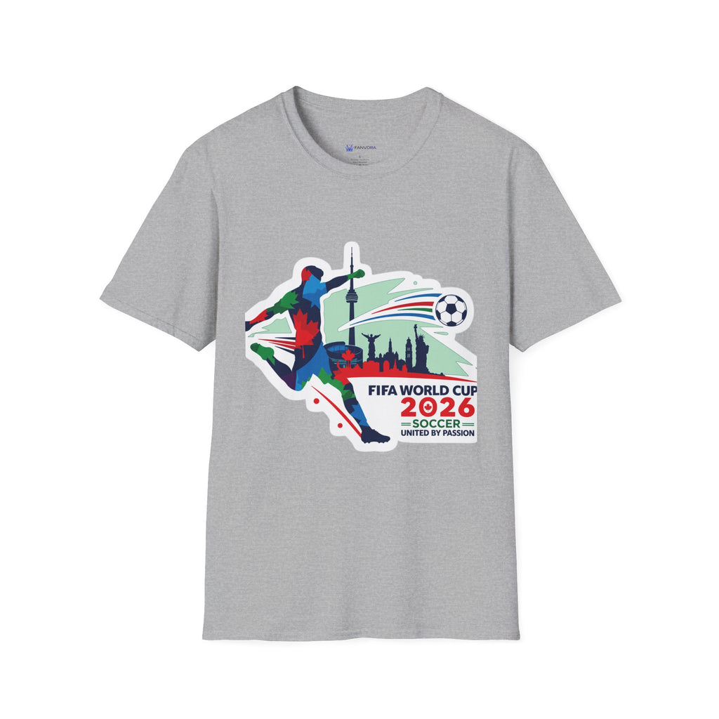 Soccer Cup 2026 T-Shirt — Colorful Player Silhouette with Stadium Skyline