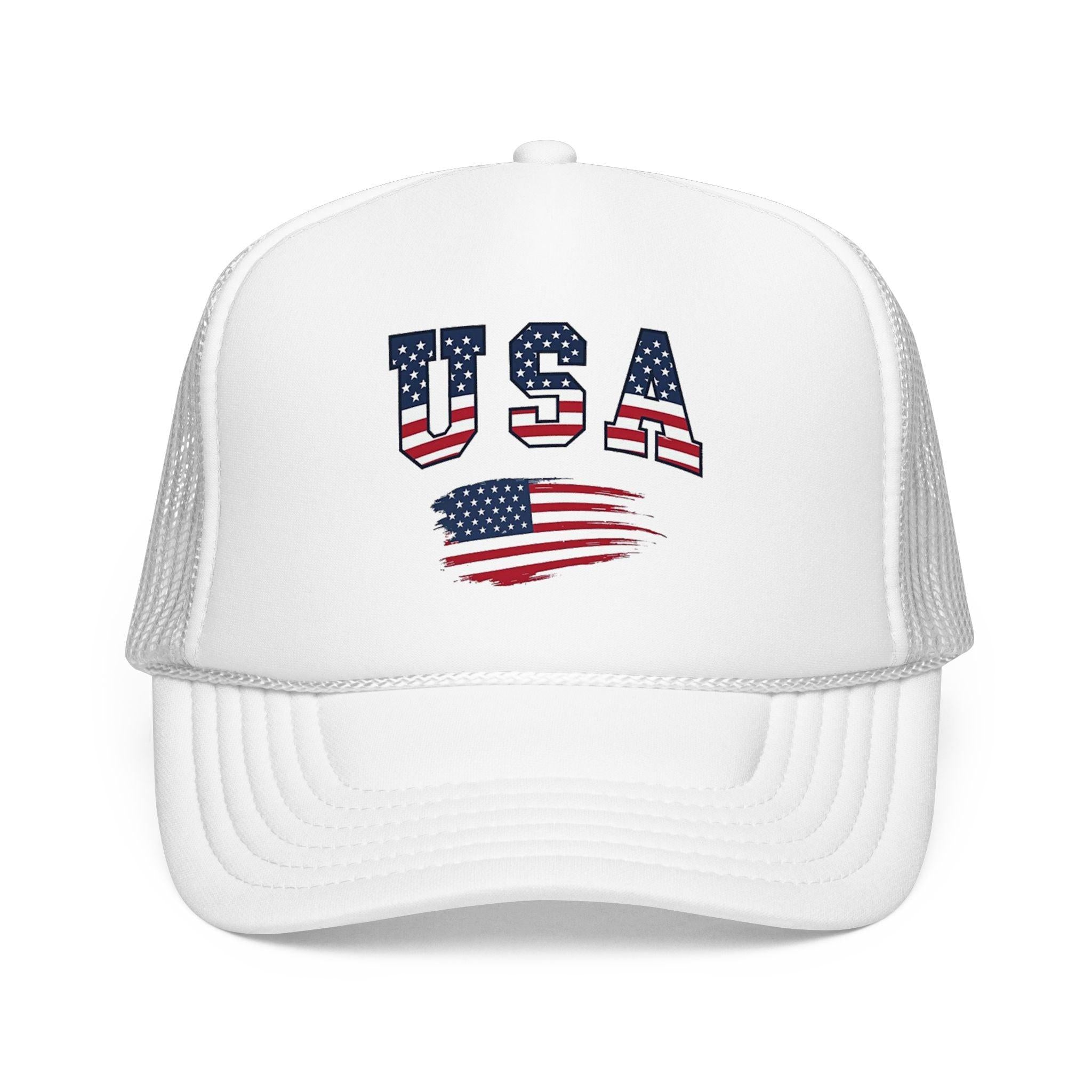 USA Flag Trucker Hat — Patriotic Foam Mesh Cap for 4th of July & Everyday Wear.
