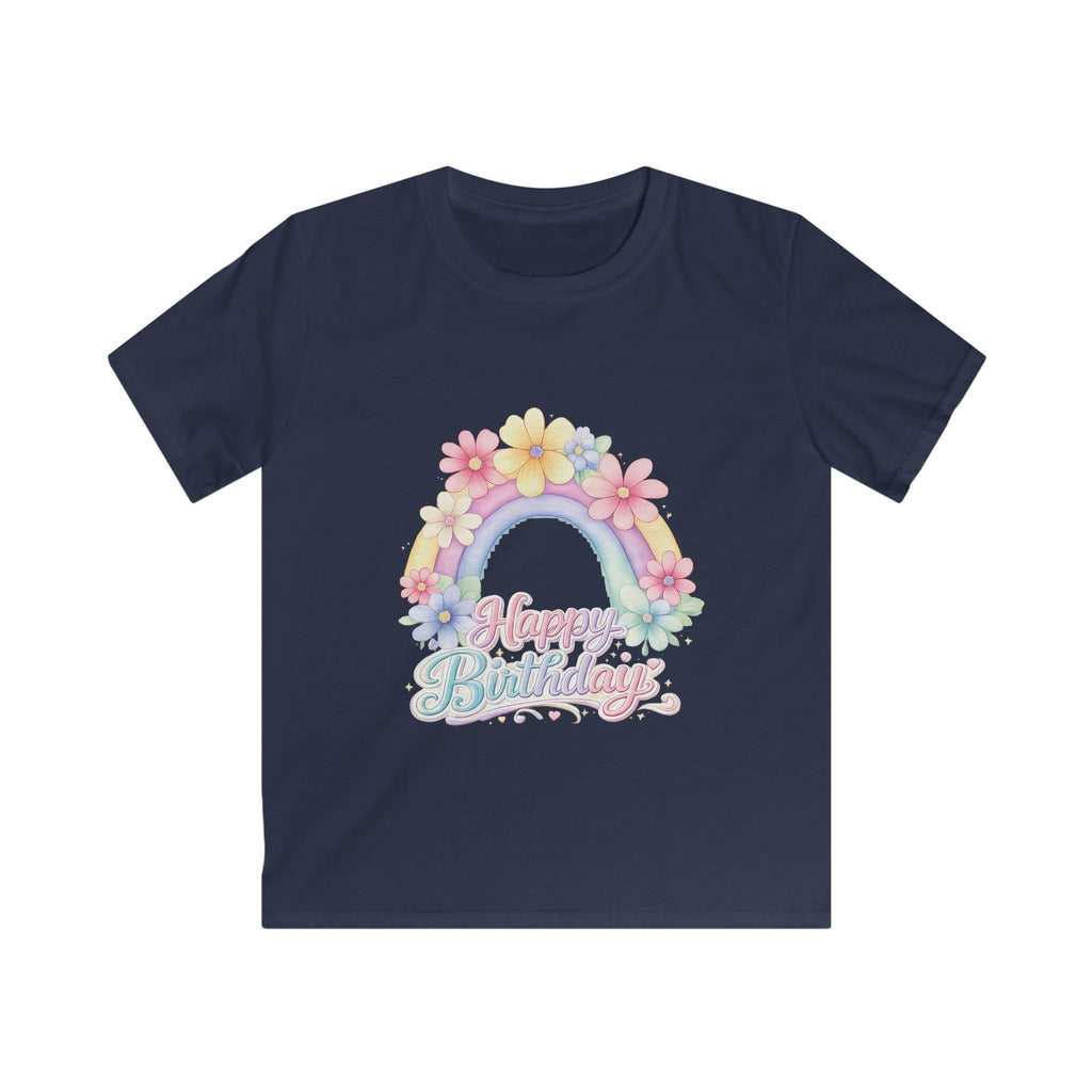 Kids Tee — Pastel Rainbow "Happy Birthday" Floral Design