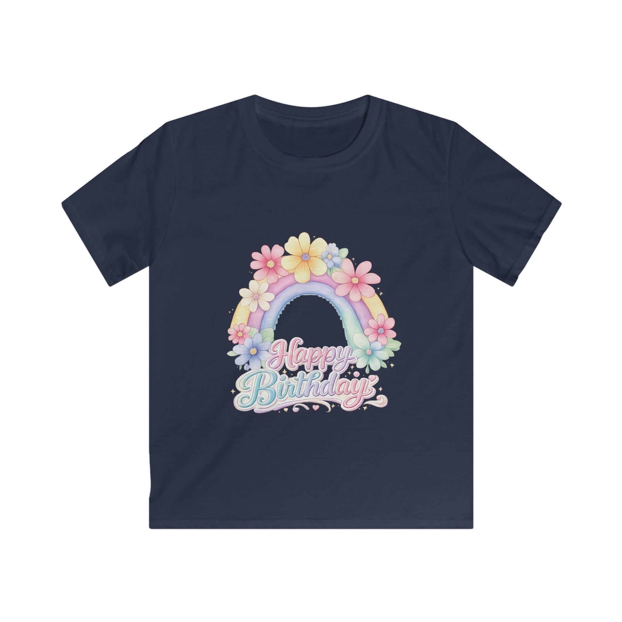 Kids Tee — Pastel Rainbow "Happy Birthday" Floral Design