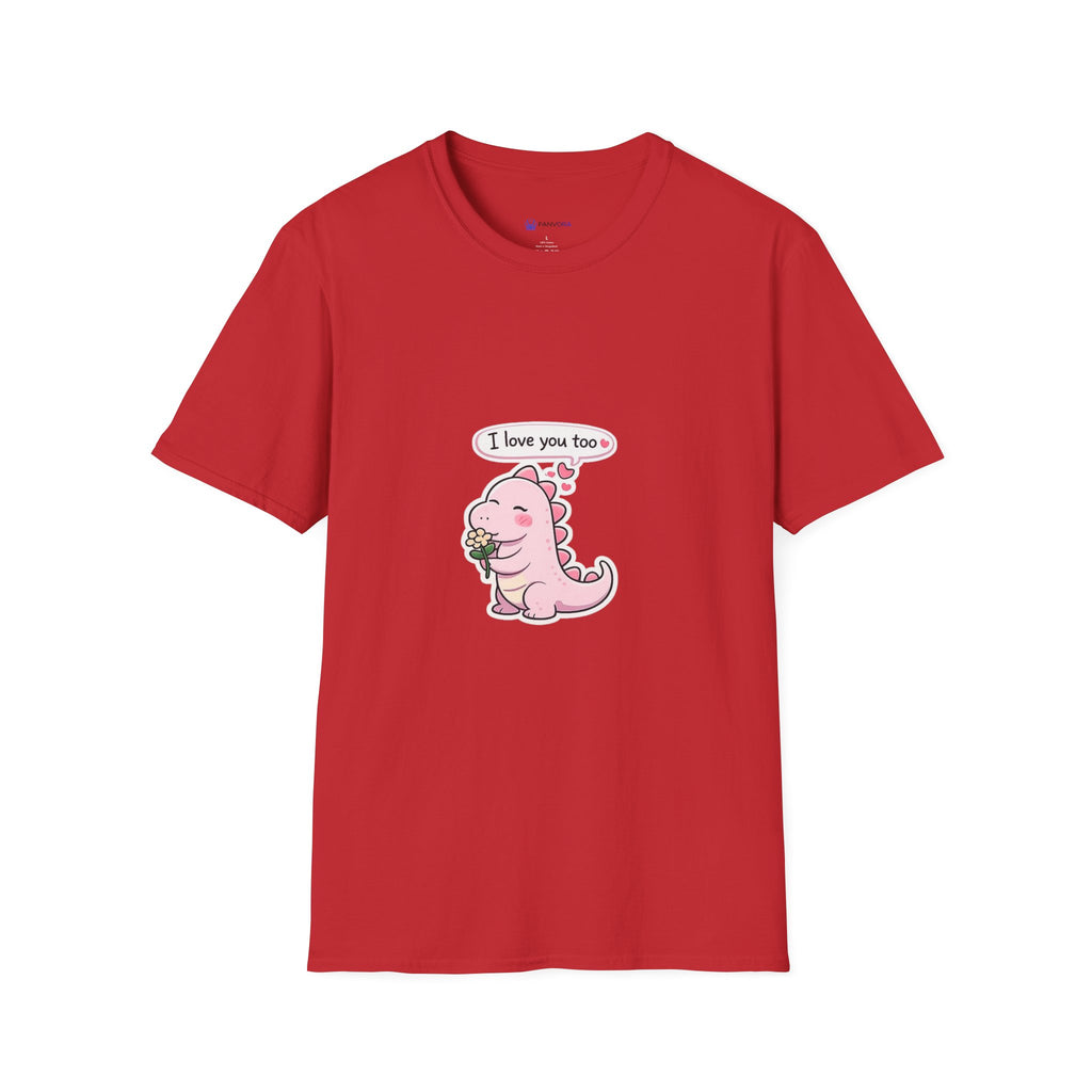 Cute Pink Dino T‑Shirt — "I love you too" Valentine Tee