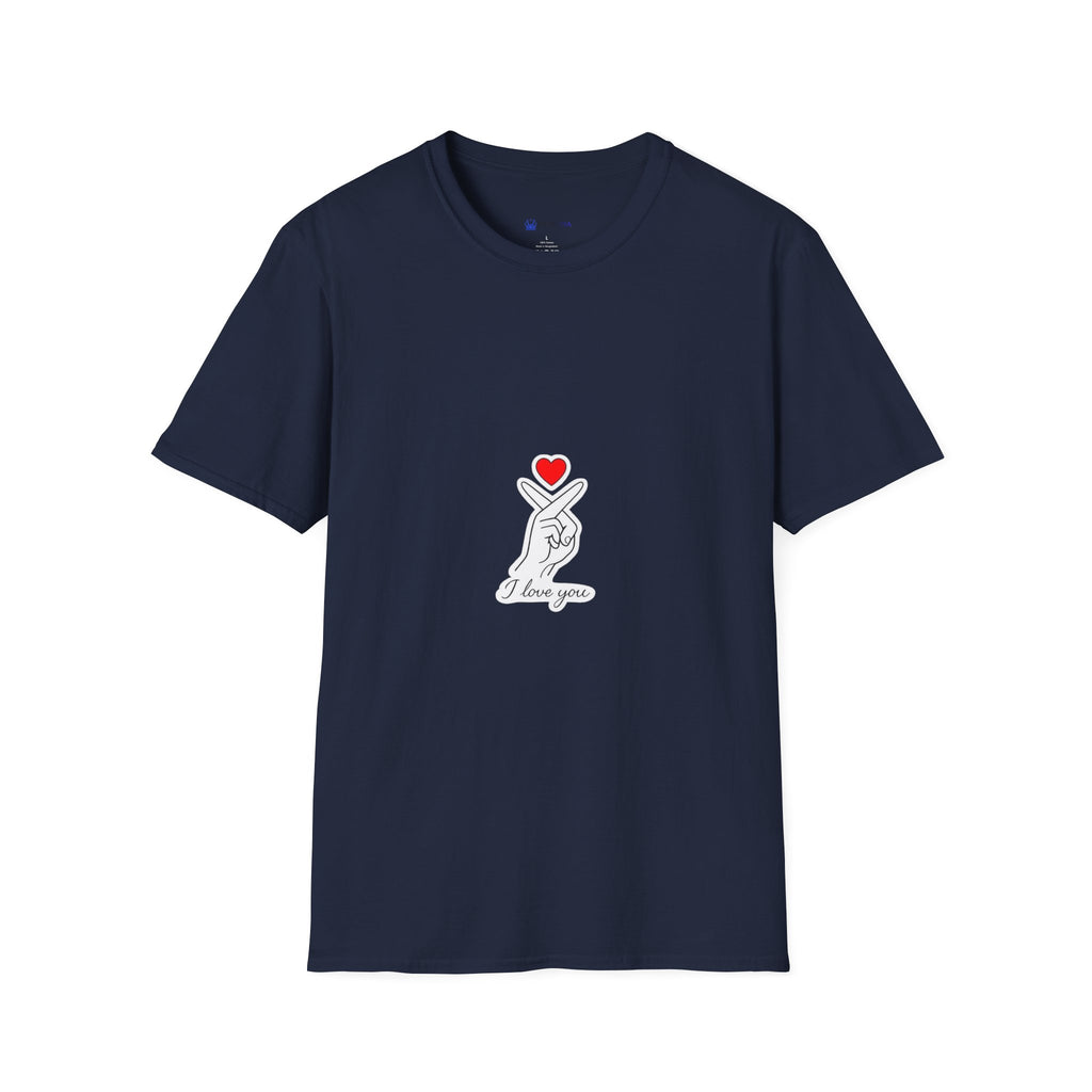 T-Shirt — Minimal Korean Finger Heart Design with 'I Love You' Pocket Graphic