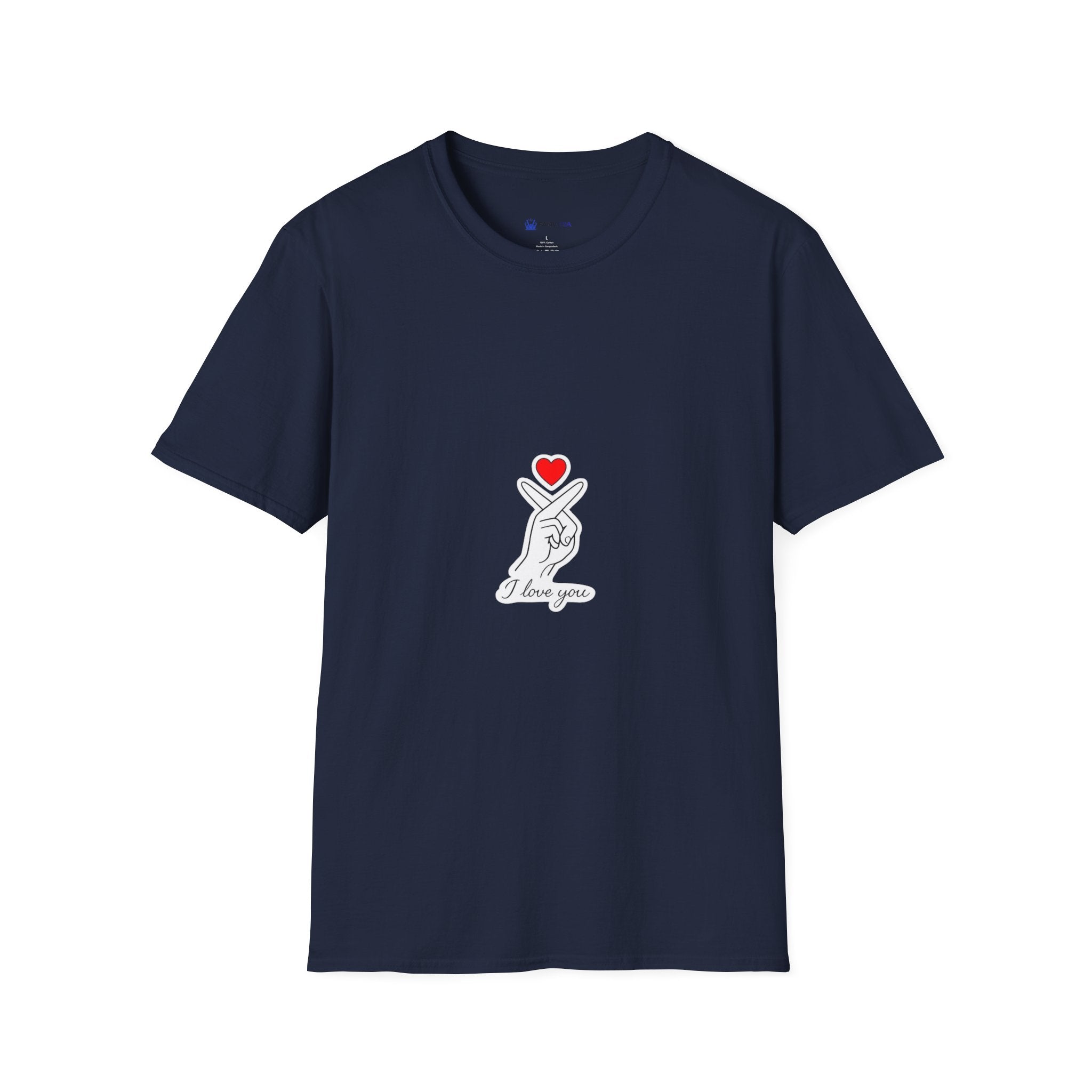 T-Shirt — Minimal Korean Finger Heart Design with 'I Love You' Pocket Graphic