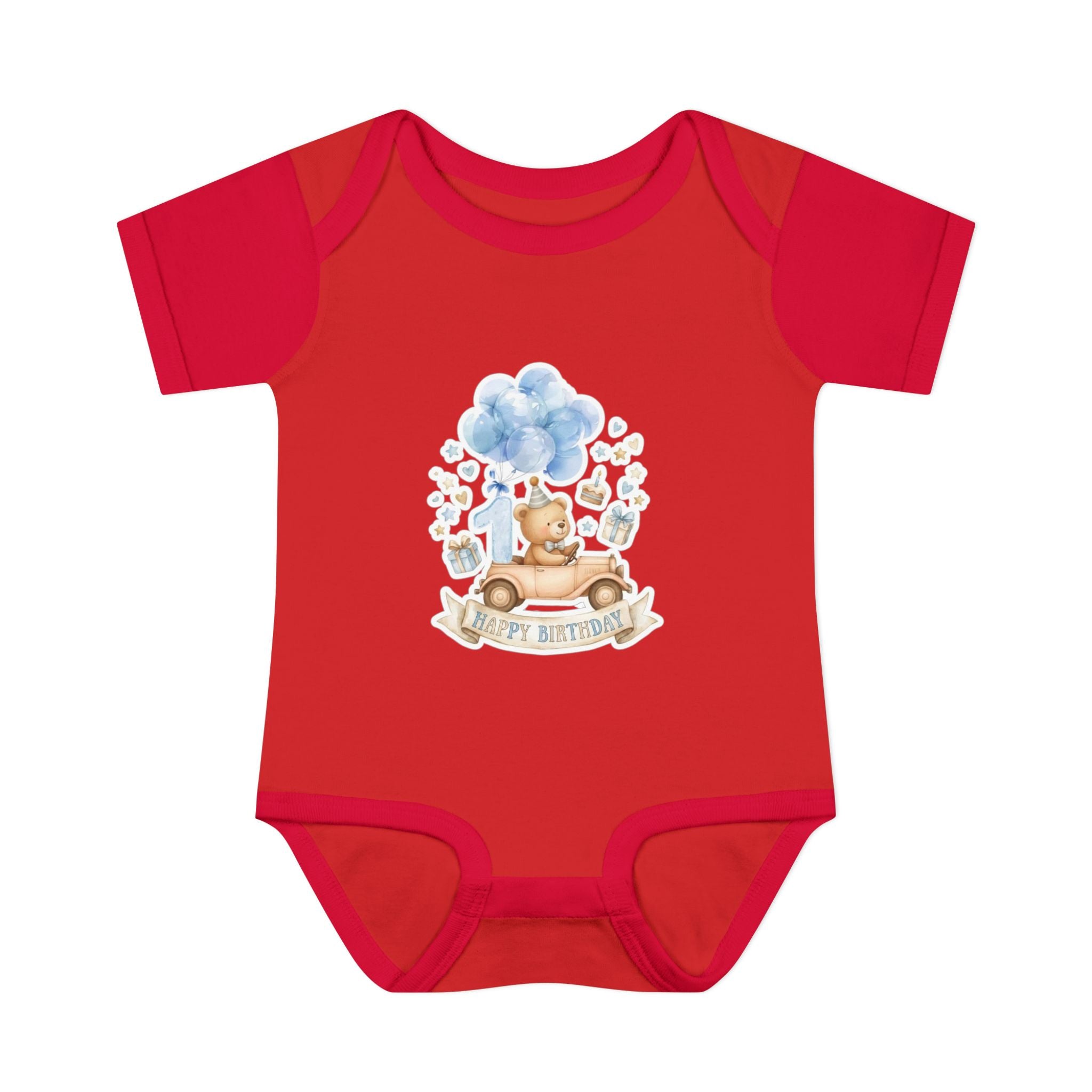 Baby Bodysuit - Blue Teddy Bear with Balloons "Happy Birthday" Infant Onesie