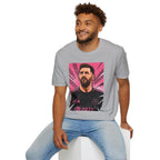Soccer Star Graphic T‑Shirt — Retro Pink Icon Portrait.