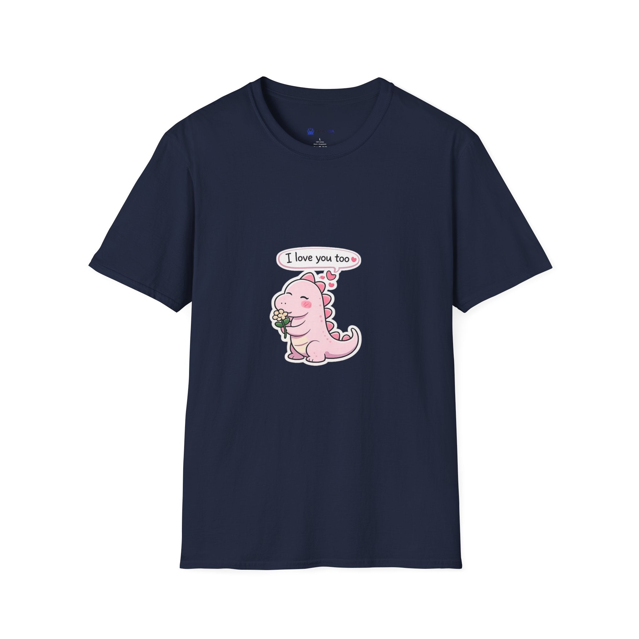 Cute Pink Dino T‑Shirt — "I love you too" Valentine Tee