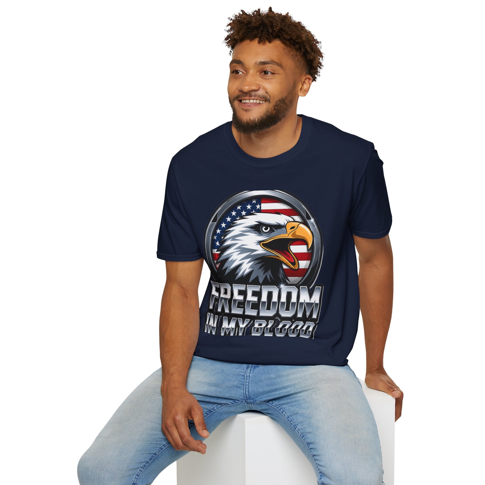 Patriotic Eagle T-Shirt — 'Freedom in My Blood' American Flag Tee design.