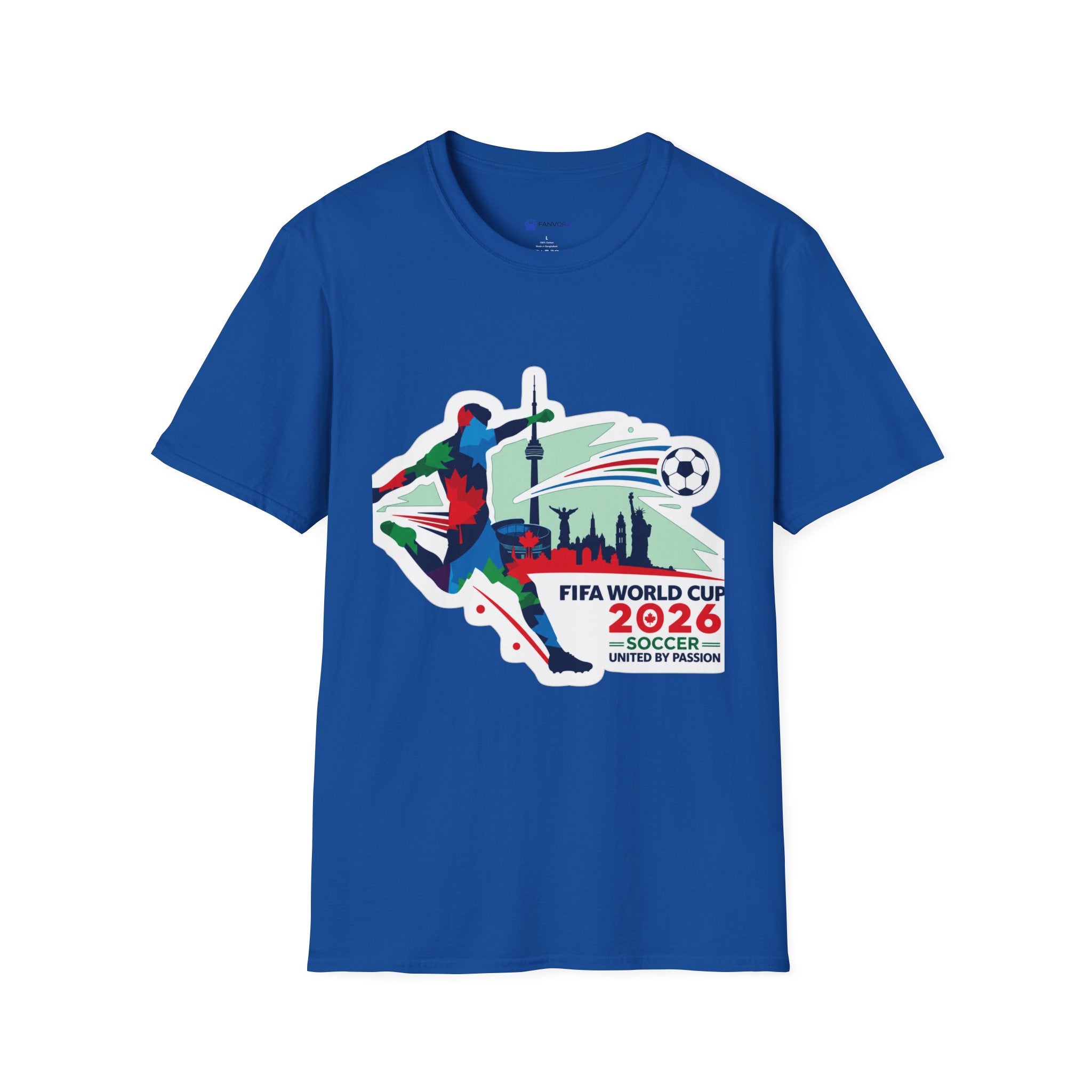 Soccer Cup 2026 T-Shirt — Colorful Player Silhouette with Stadium Skyline