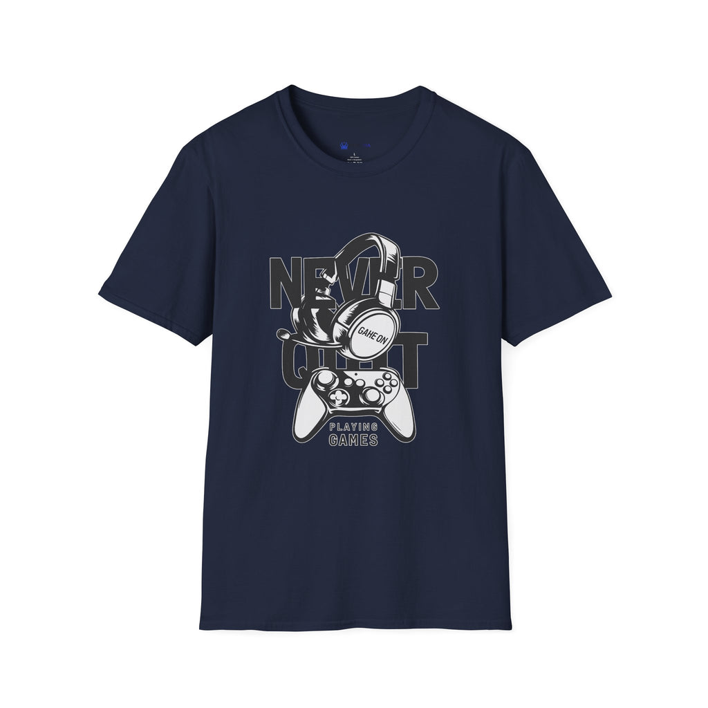 Gamer 'Never Quit' T-Shirt — Headphones & Controller Retro Gaming Tee