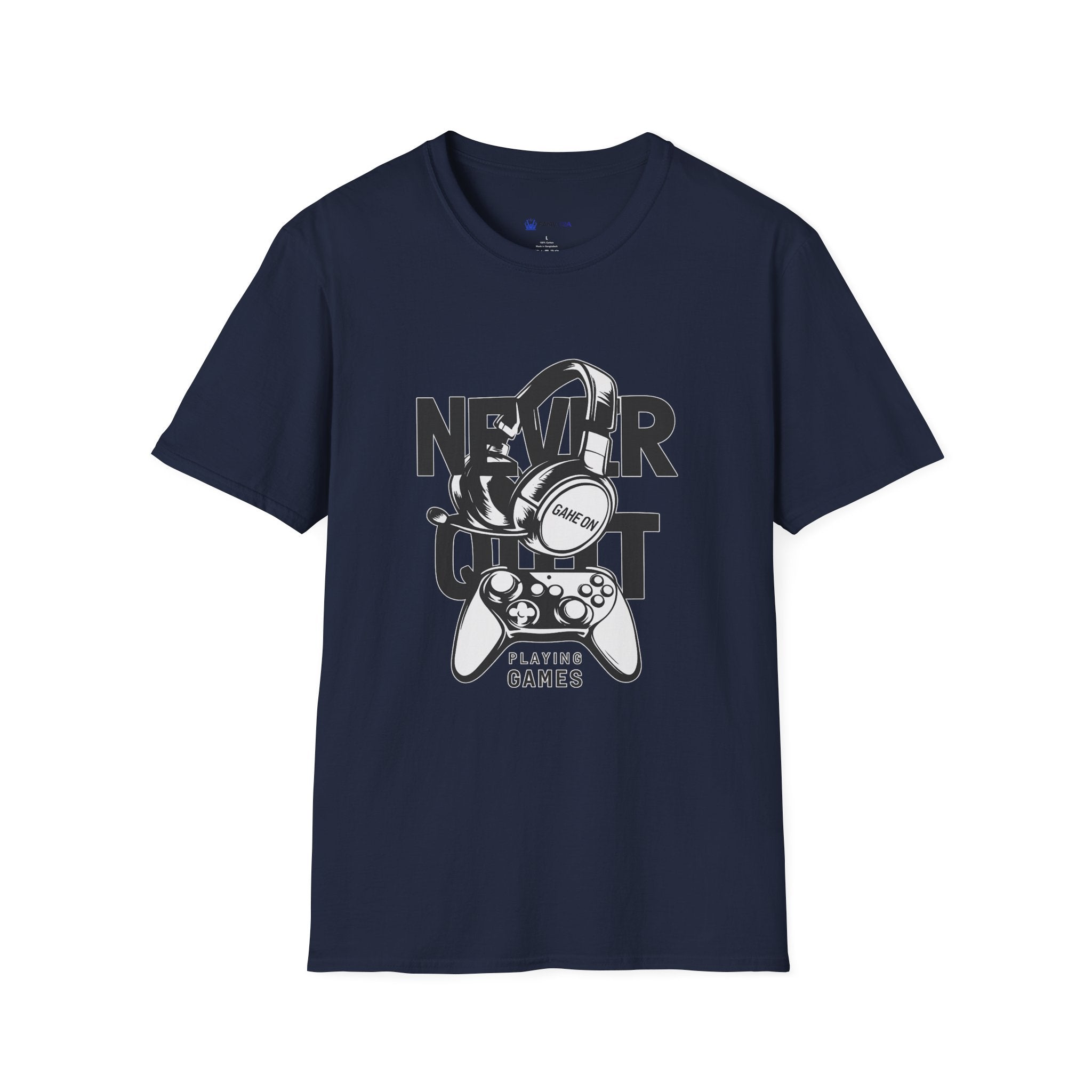 Gamer 'Never Quit' T-Shirt — Headphones & Controller Retro Gaming Tee