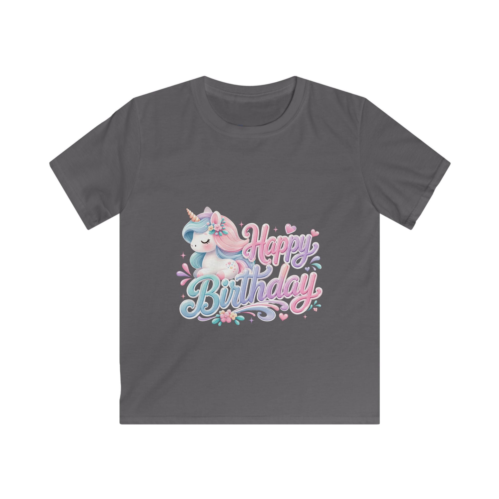 Kids Birthday Tee — Pastel Unicorn "Happy Birthday" Shirt for Girls