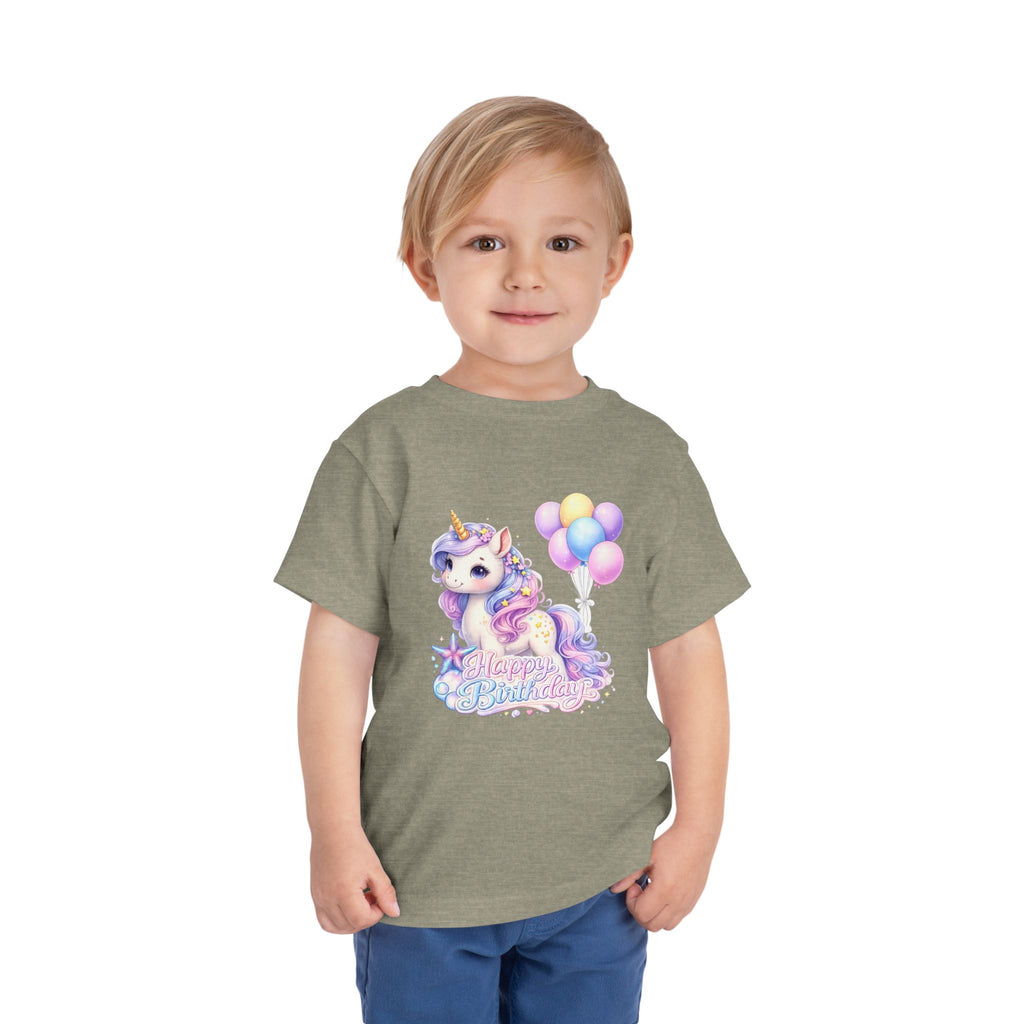 Toddler Tee — Pastel Unicorn "Happy Birthday" Shirt with Balloons