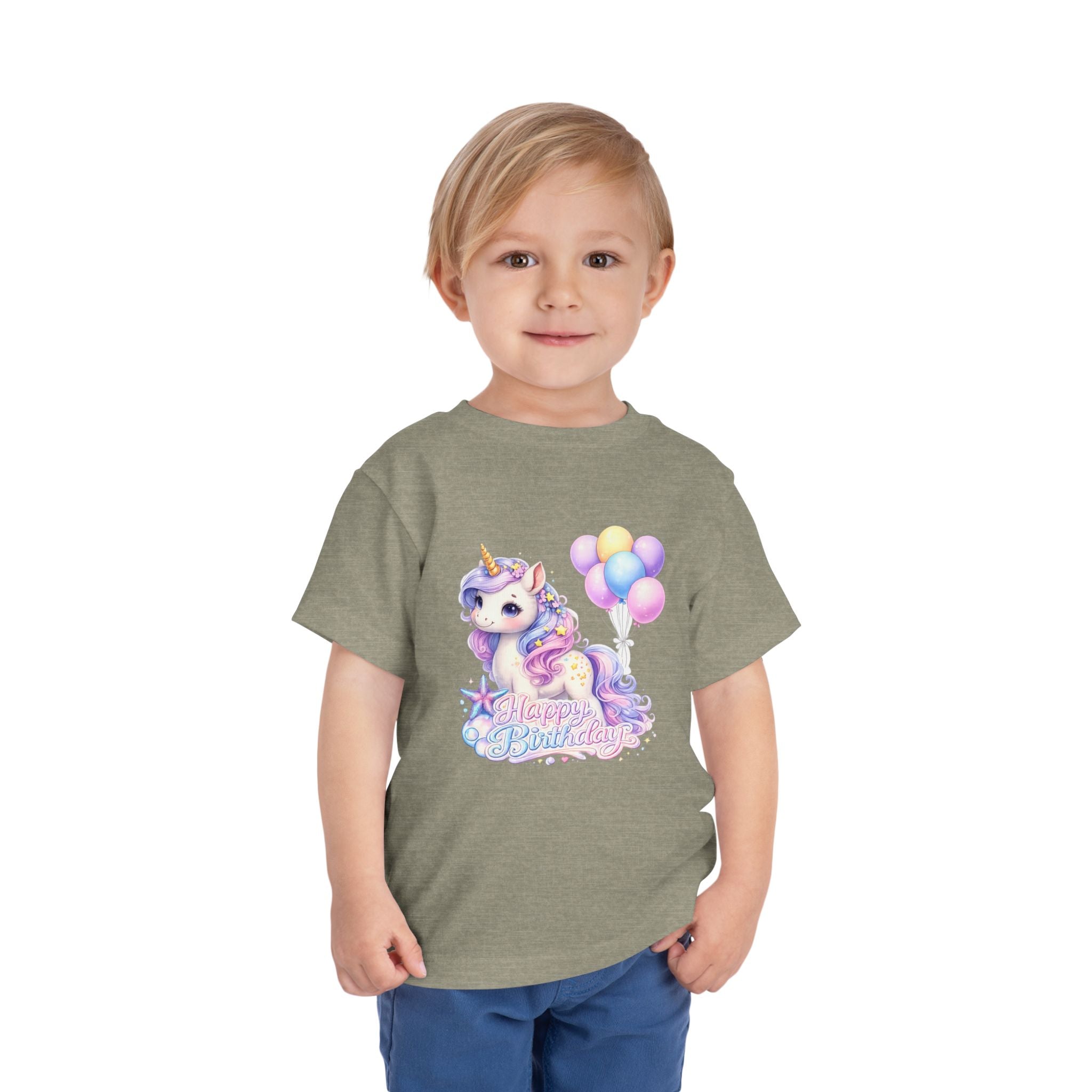 Toddler Tee — Pastel Unicorn "Happy Birthday" Shirt with Balloons