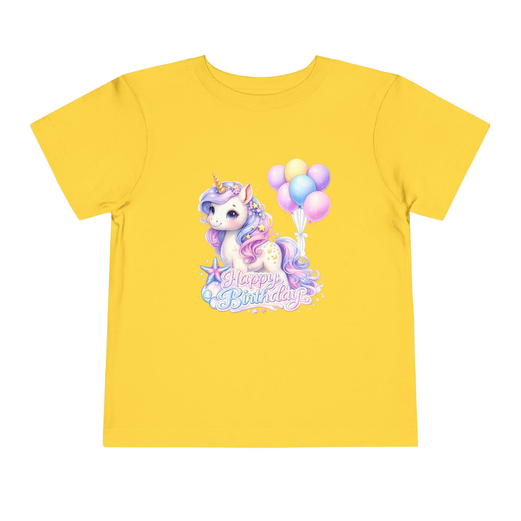 Toddler Tee — Pastel Unicorn "Happy Birthday" Shirt with Balloons