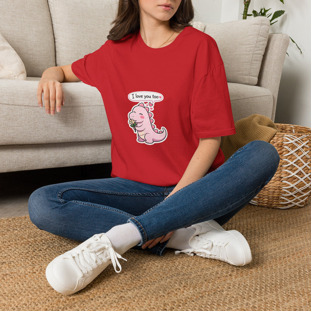 Cute Pink Dino T‑Shirt — "I love you too" Valentine Tee