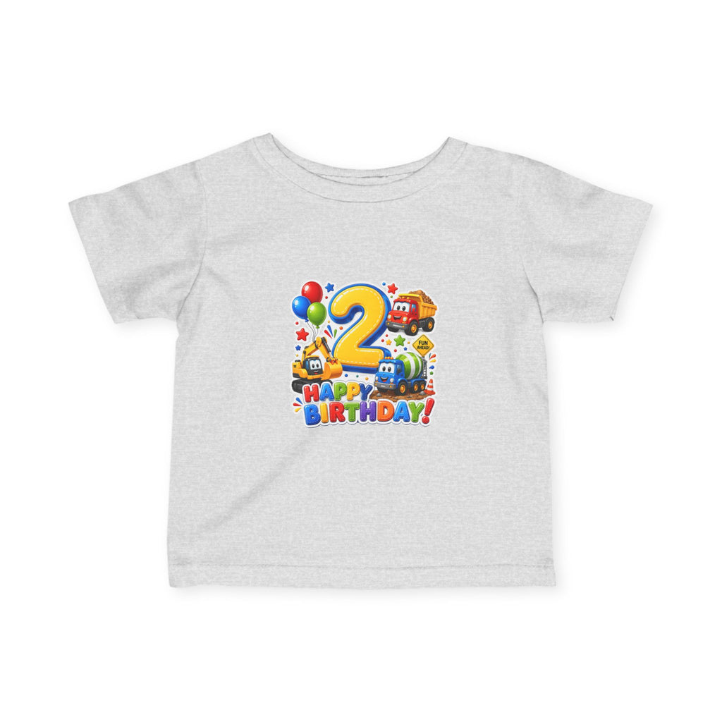 2nd Birthday Infant Tee — Colorful Trucks, Balloons & 'Happy Birthday' Design