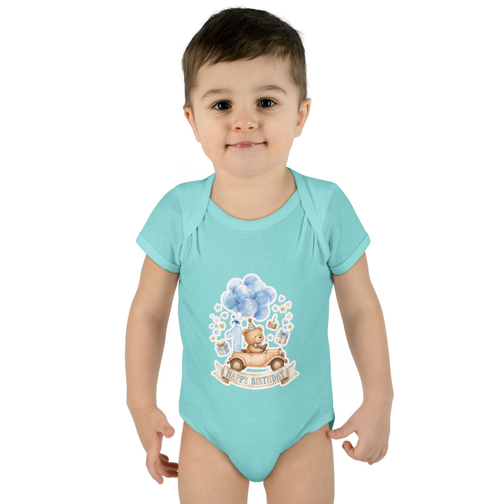 Baby Bodysuit - Blue Teddy Bear with Balloons "Happy Birthday" Infant Onesie