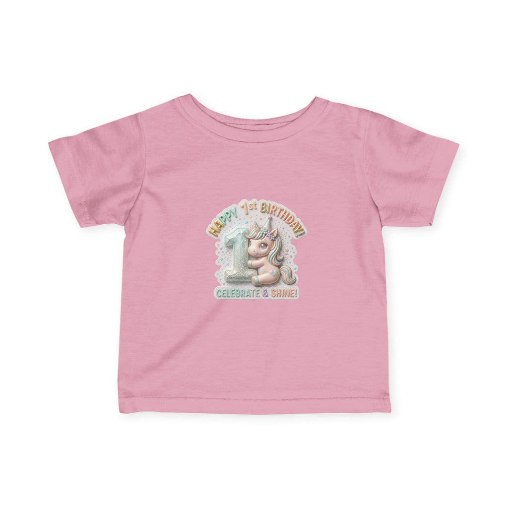 Infant Tee — 'Happy 1st Birthday' Pastel Unicorn Celebrate & Share