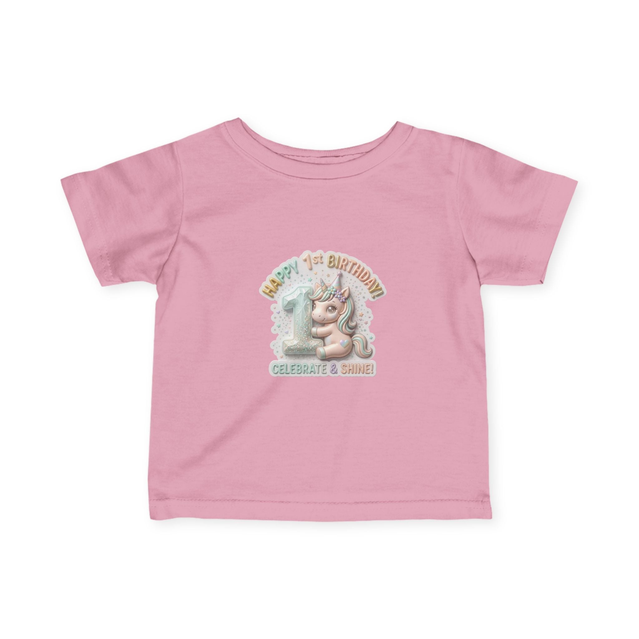 Infant Tee — 'Happy 1st Birthday' Pastel Unicorn Celebrate & Share