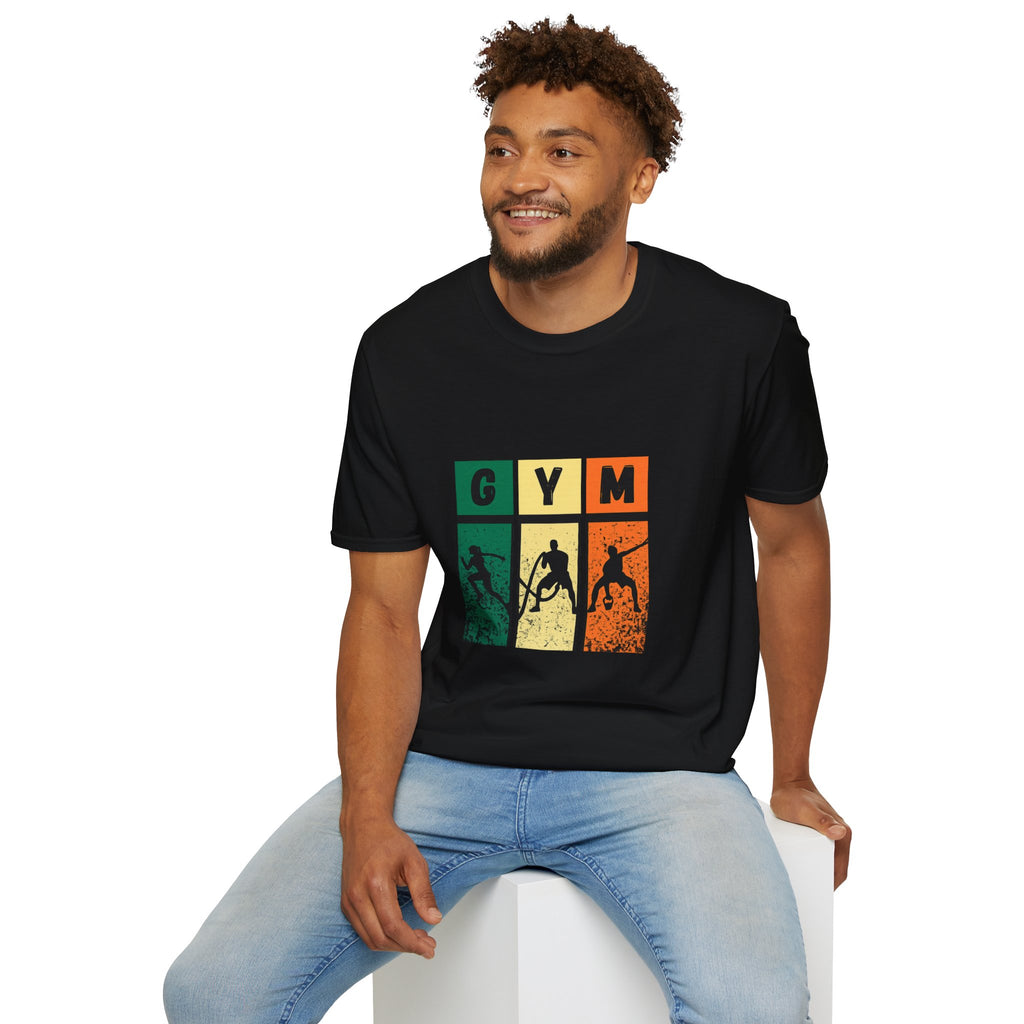 Gym Retro Blocks T‑Shirt — Vintage Fitness Silhouette Tee