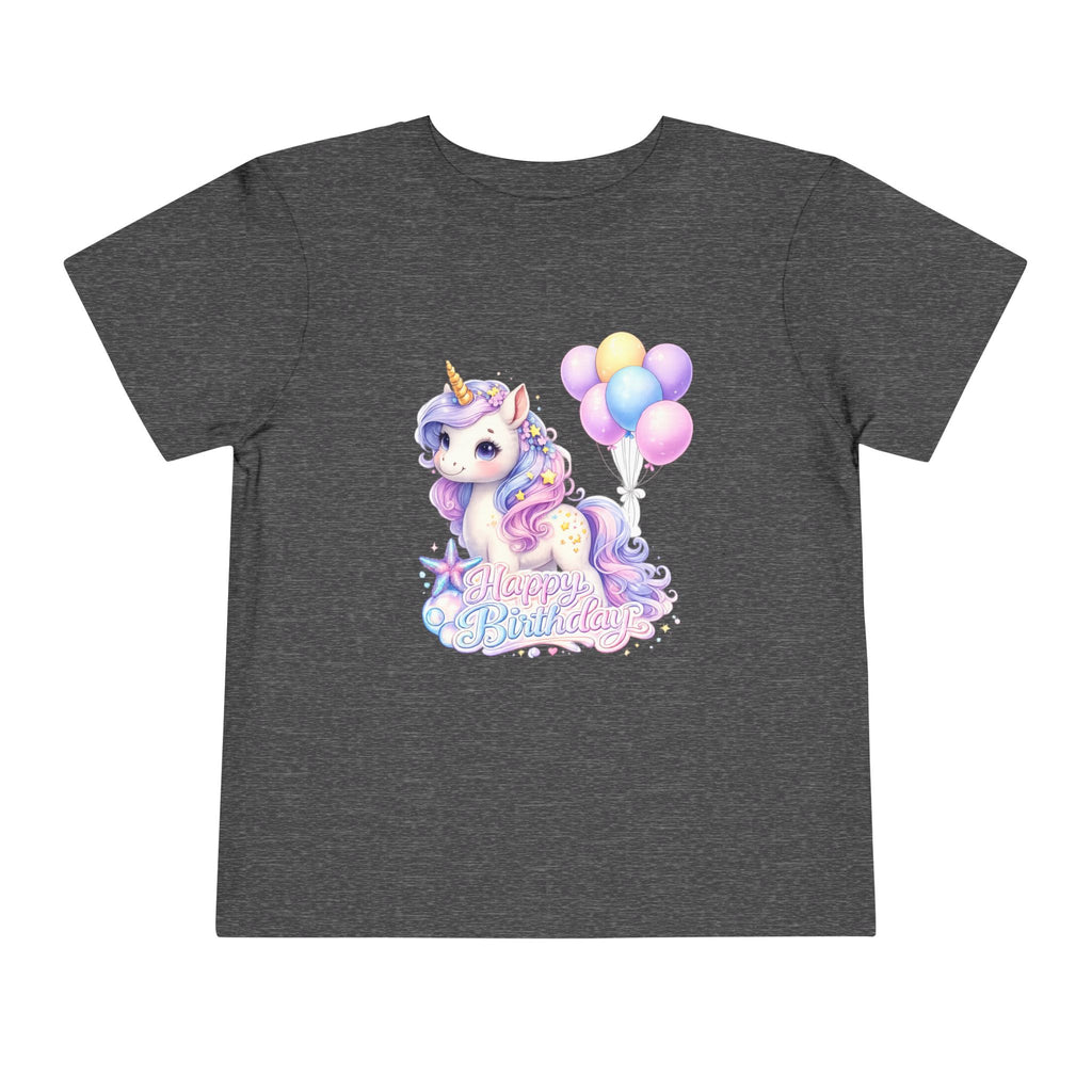 Toddler Tee — Pastel Unicorn "Happy Birthday" Shirt with Balloons