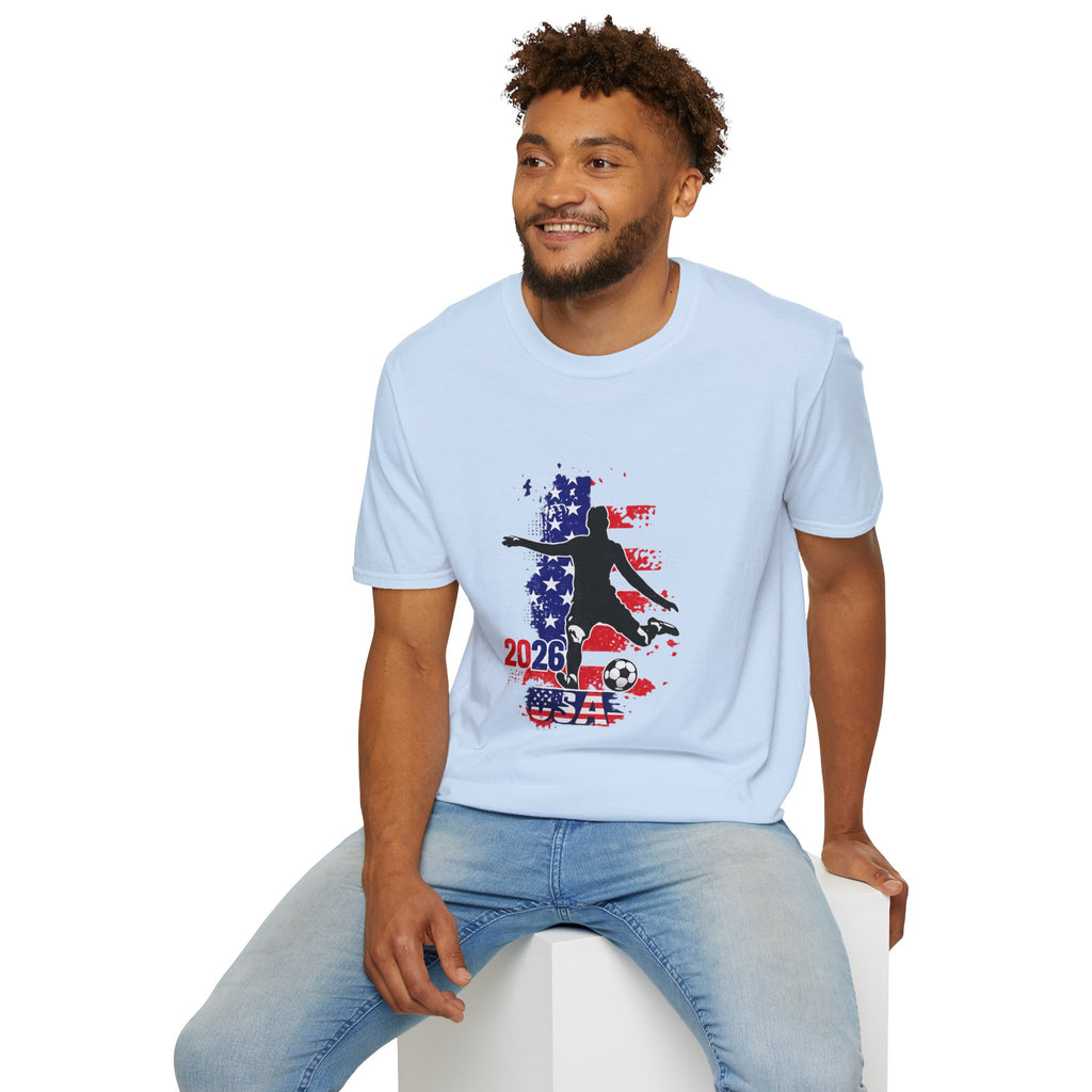USA Soccer Player Silhouette T-Shirt — American Flag Soccer 2026 Fan Tee