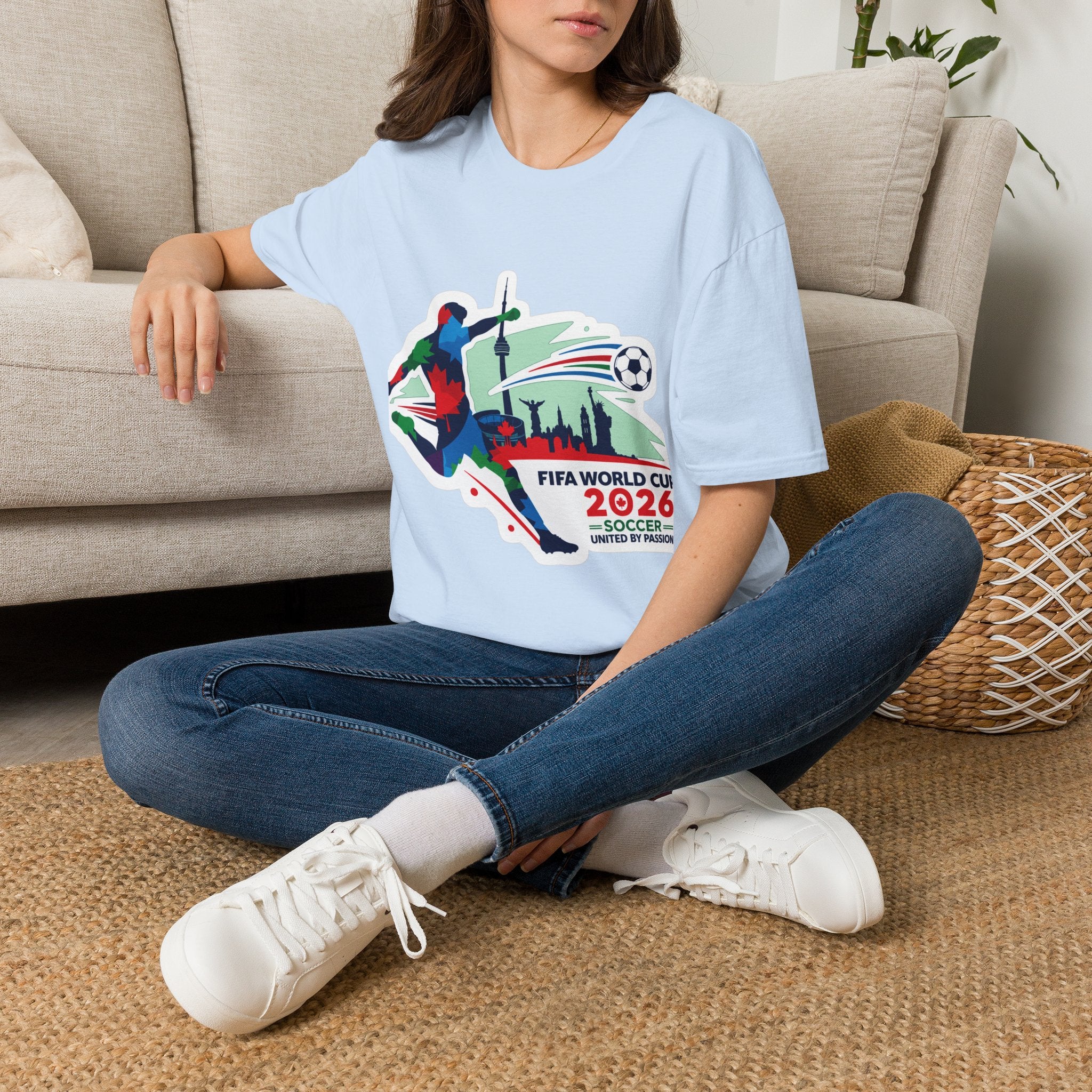 Soccer Cup 2026 T-Shirt — Colorful Player Silhouette with Stadium Skyline