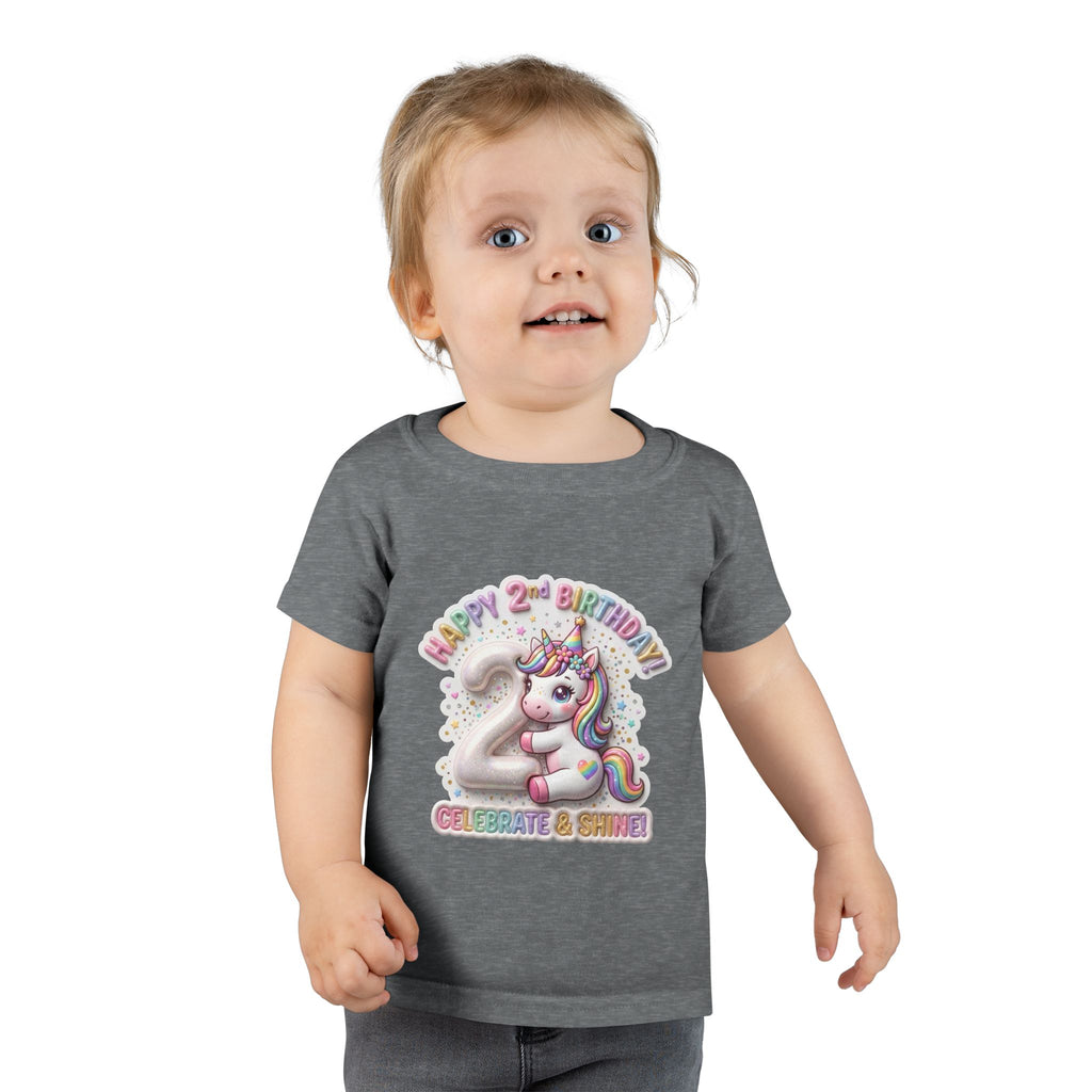 Toddler T-shirt — "Happy 2nd Birthday" Unicorn Celebrate & Shine
