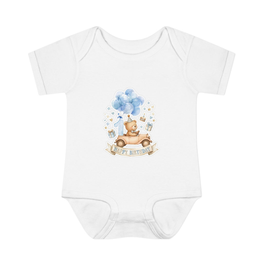 Baby Bodysuit - Blue Teddy Bear with Balloons "Happy Birthday" Infant Onesie