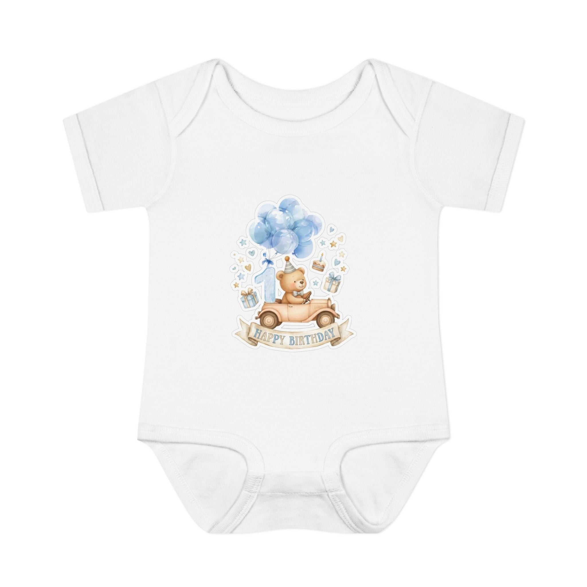 Baby Bodysuit - Blue Teddy Bear with Balloons "Happy Birthday" Infant Onesie