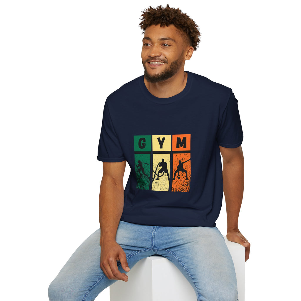 Gym Retro Blocks T‑Shirt — Vintage Fitness Silhouette Tee