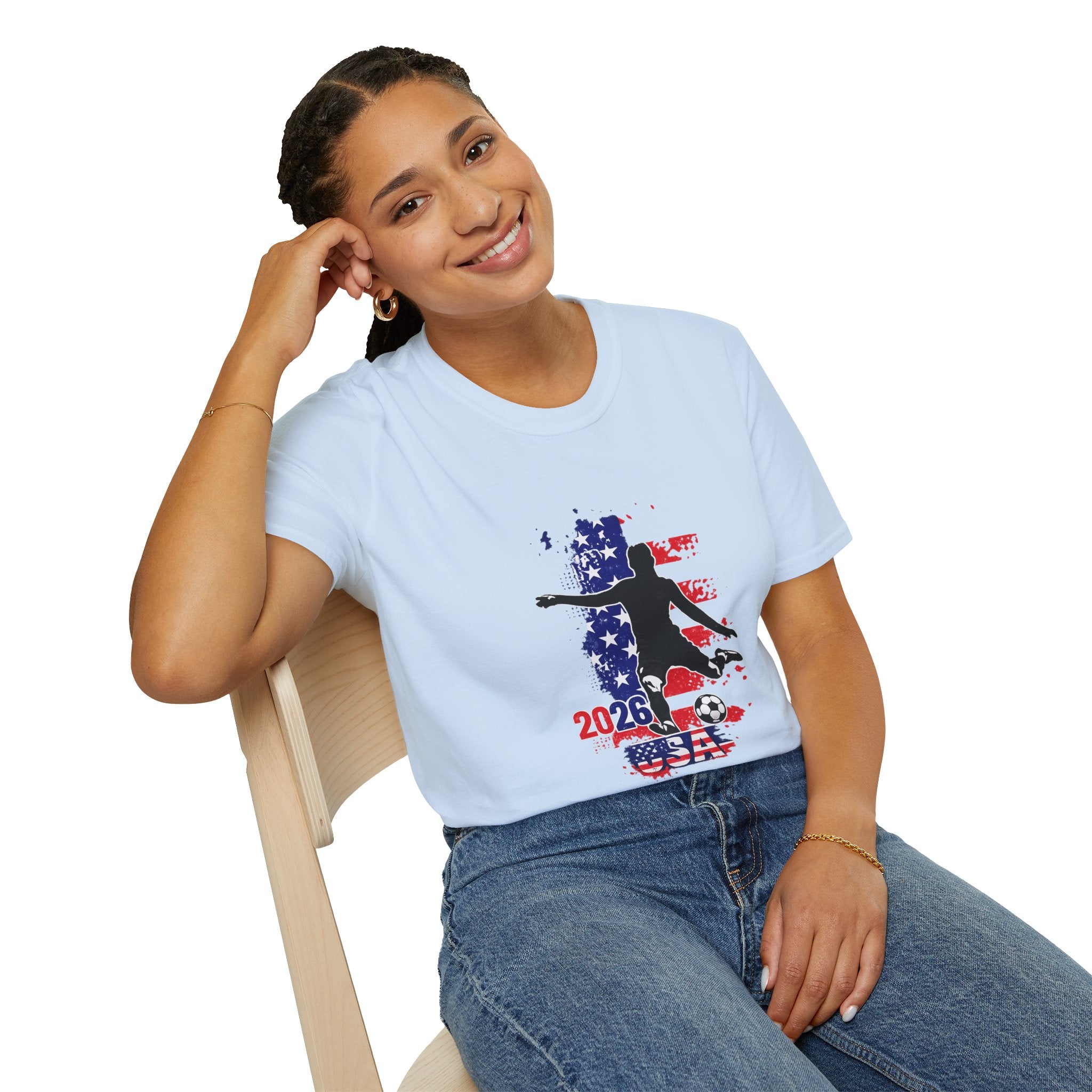 USA Soccer Player Silhouette T-Shirt — American Flag Soccer 2026 Fan Tee