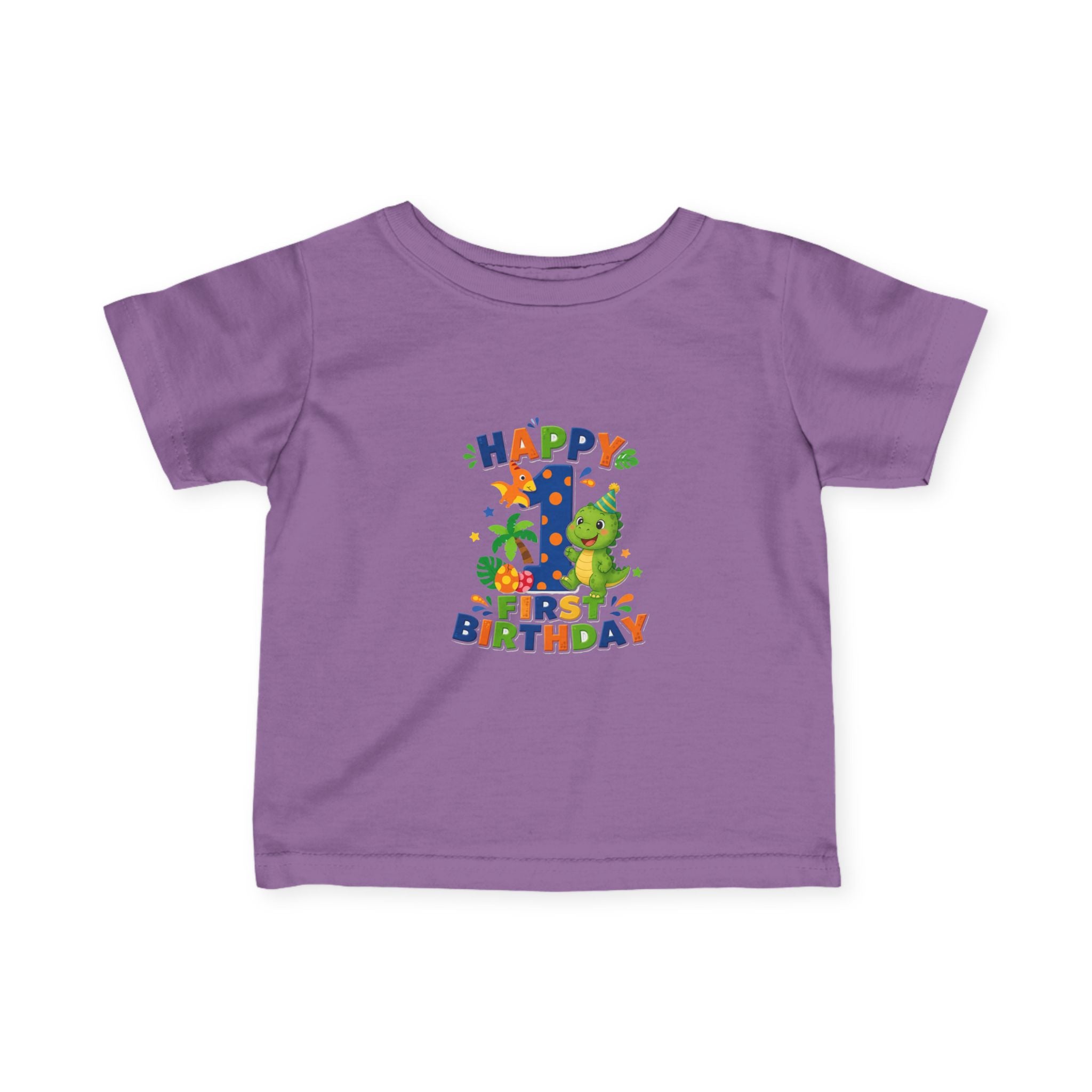 Happy 1st Birthday Infant Tee — Colorful Dino First Birthday Shirt