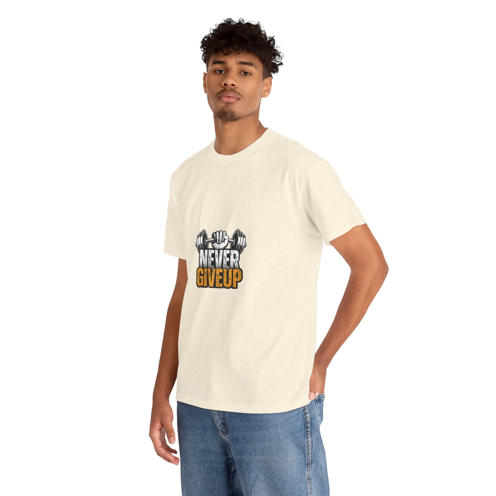 Never Give Up Fitness T-Shirt — Motivational Gym Tee with Dumbbell Graphic