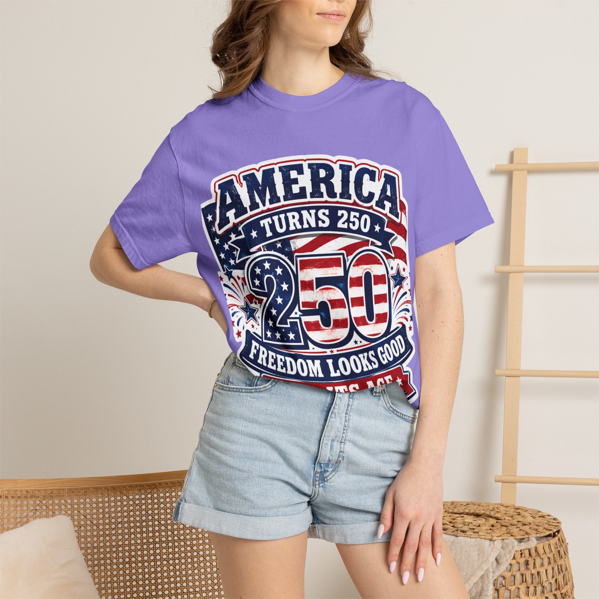 America Turns 250 T-Shirt – "Freedom Looks Good For Its Age" Patriotic 4th of July Tee