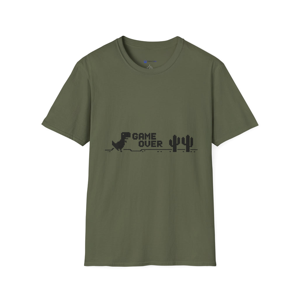 T-Shirt — "Game Over" Dino Pixel Tee (Retro Dinosaur Side-Scroller Design)