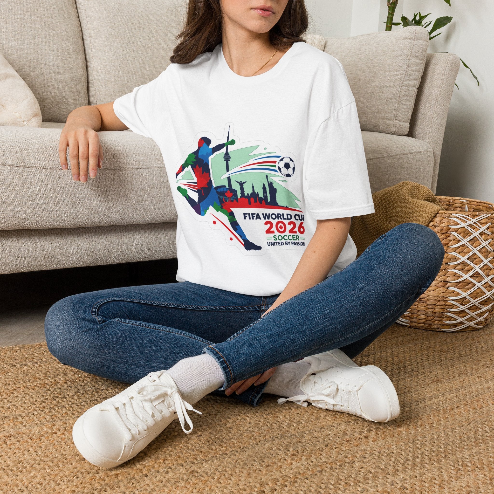 Soccer Cup 2026 T-Shirt — Colorful Player Silhouette with Stadium Skyline