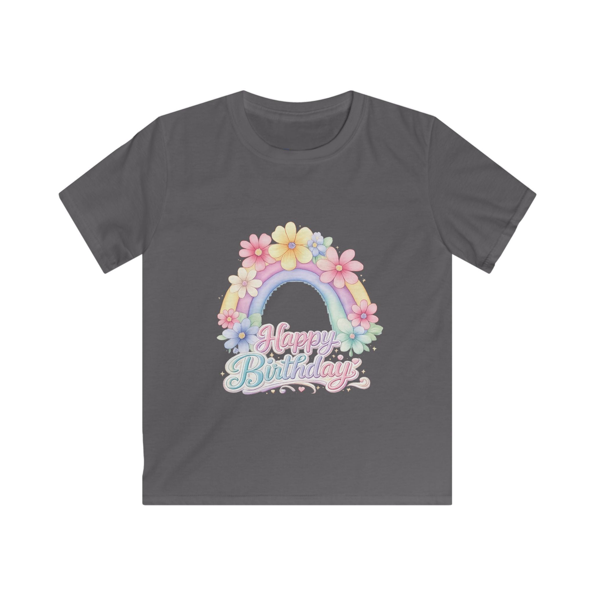 Kids Tee — Pastel Rainbow "Happy Birthday" Floral Design