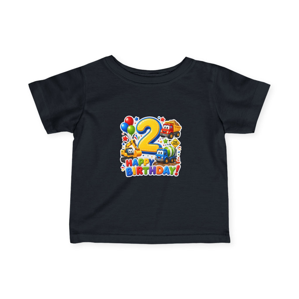 2nd Birthday Infant Tee — Colorful Trucks, Balloons & 'Happy Birthday' Design