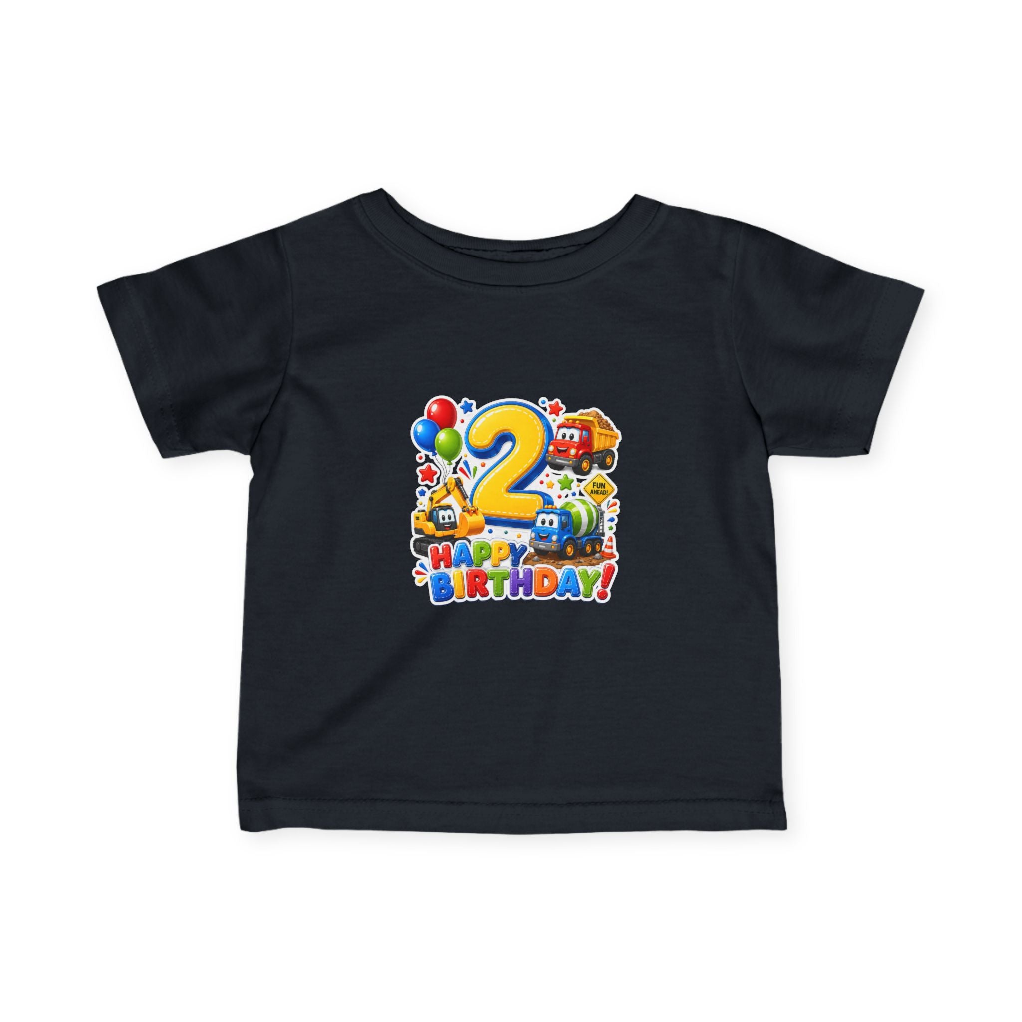 2nd Birthday Infant Tee — Colorful Trucks, Balloons & 'Happy Birthday' Design
