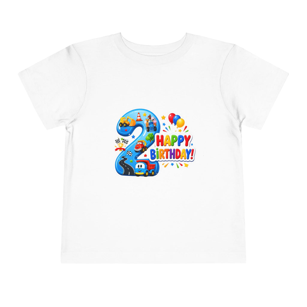 2nd Birthday Toddler Tee — Happy Birthday Number 2 with Cars & Balloons