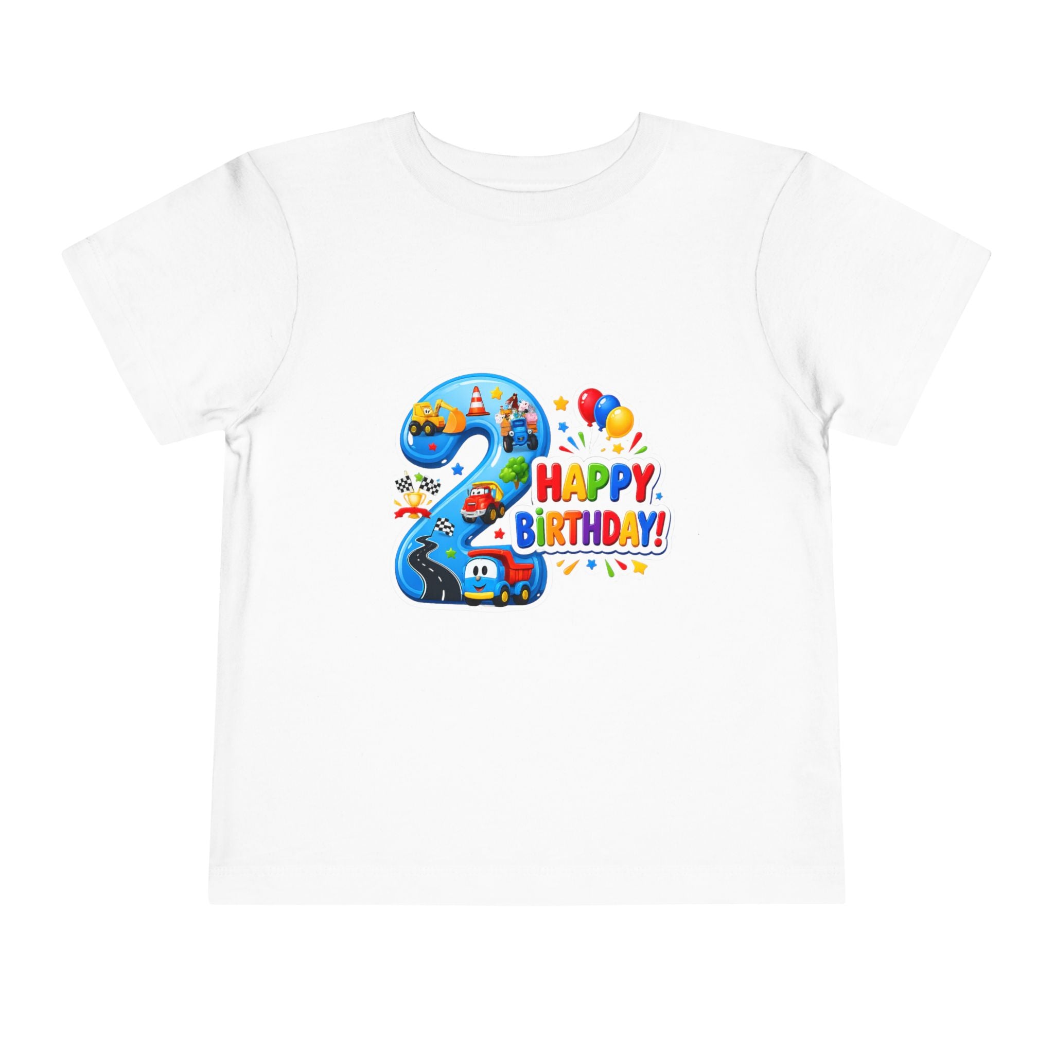 2nd Birthday Toddler Tee — Happy Birthday Number 2 with Cars & Balloons