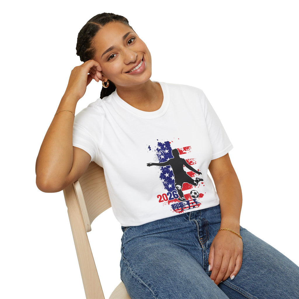 USA Soccer Player Silhouette T-Shirt — American Flag Soccer 2026 Fan Tee