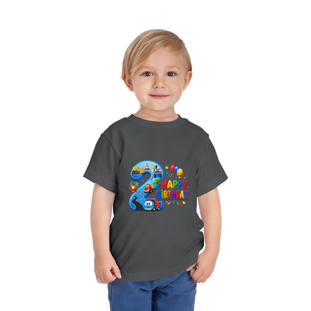 2nd Birthday Toddler Tee — Happy Birthday Number 2 with Cars & Balloons
