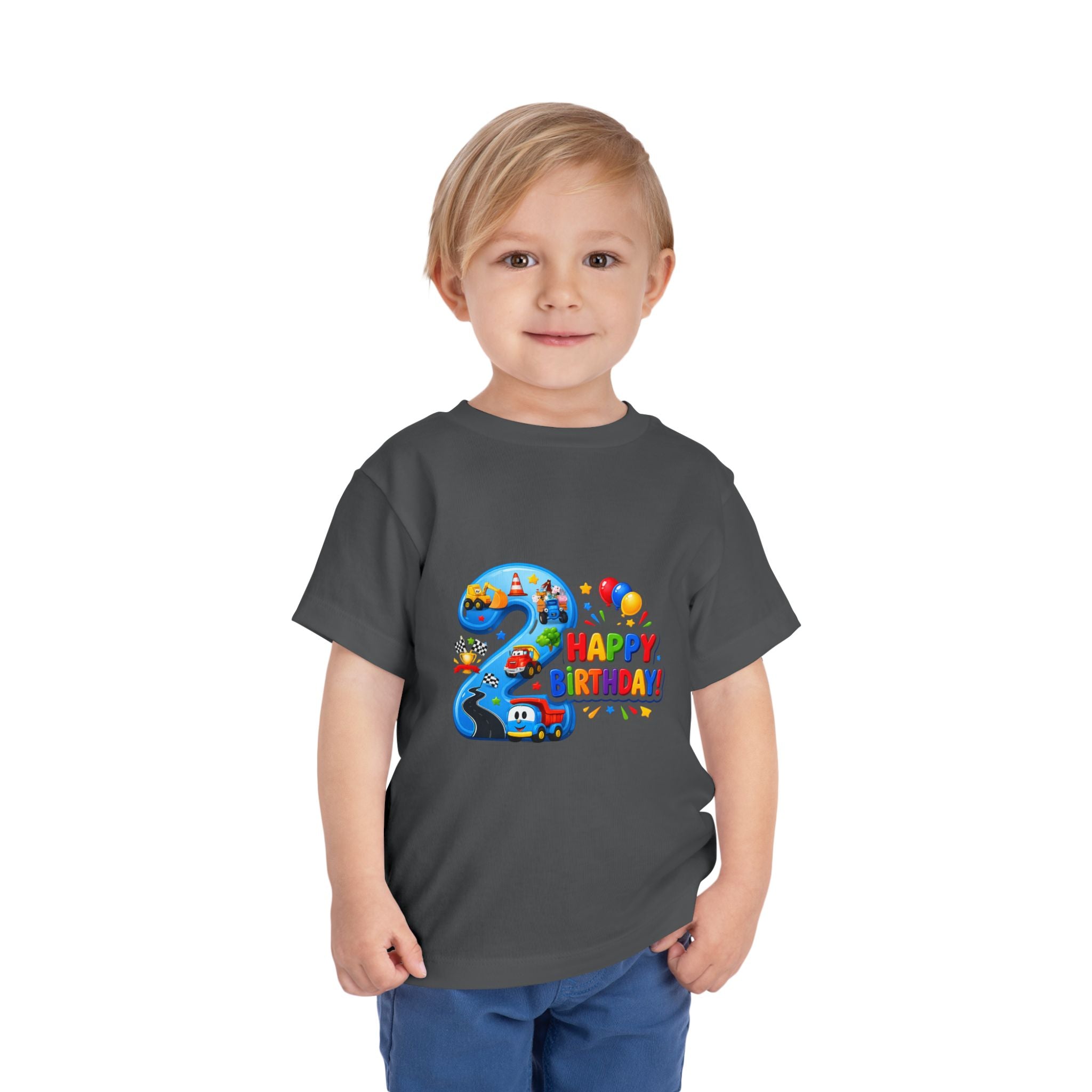 2nd Birthday Toddler Tee — Happy Birthday Number 2 with Cars & Balloons