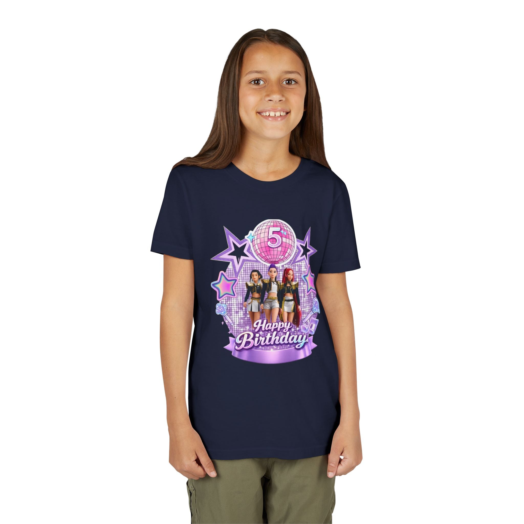 Girls' 5th Birthday Tee - 'Happy Birthday' Glitter Stars Design